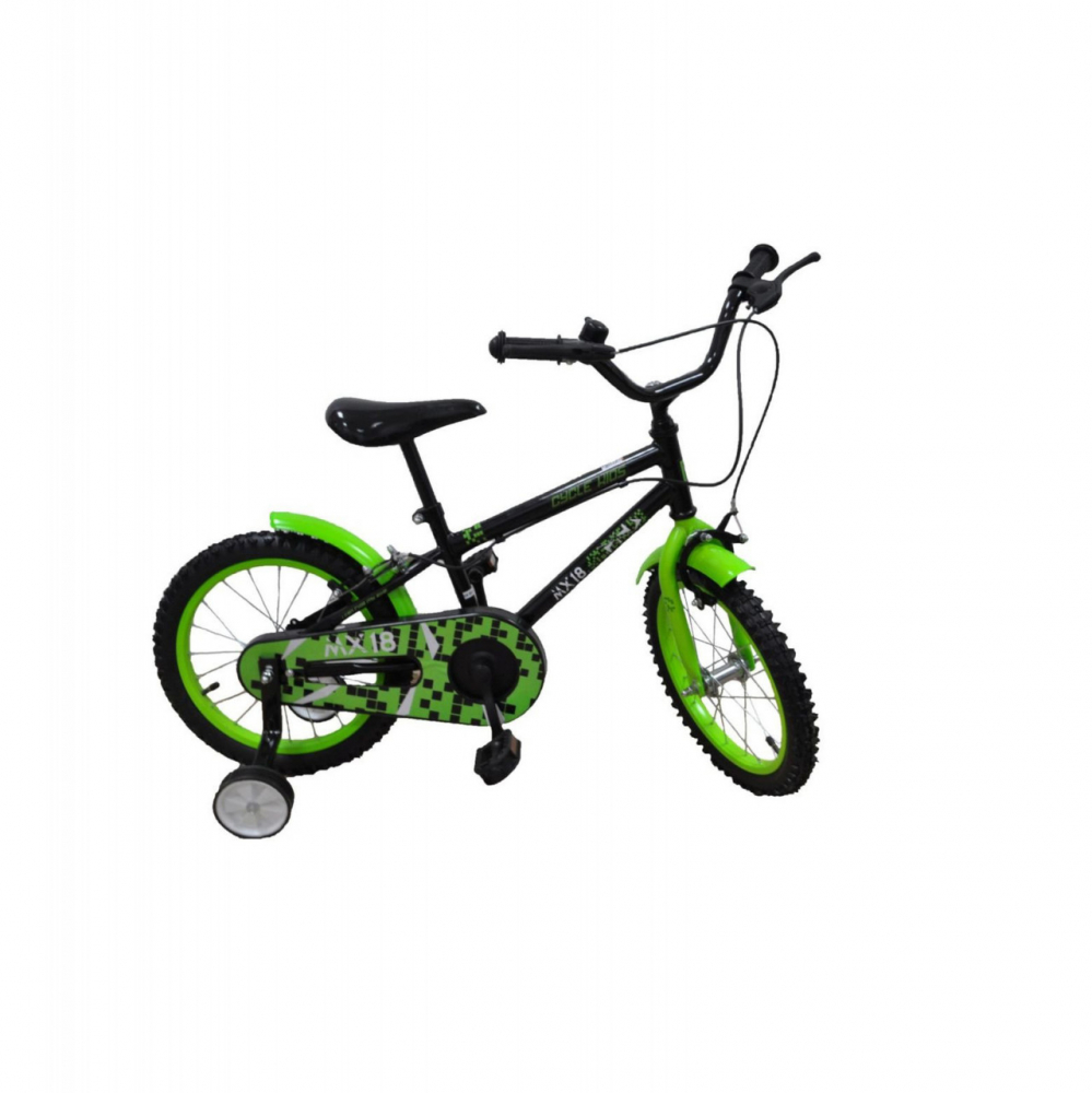 Bicicleta pentru copii Novokids My first Bike Verde Negru, roti 16 inch, greutate admisa 35 kg, cadru din otel, roti ajutatoare, ghidon reglabil pe inaltime