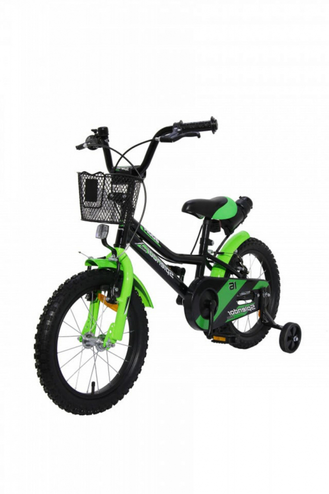 Bicicleta pentru copii Novokids SplendOr Boom Edition Negru Verde, Cosulet, Roti 12 inch, Greutate admisa 30 kg, Cadru otel, Roti ajutatoare, Ghidon reglabil