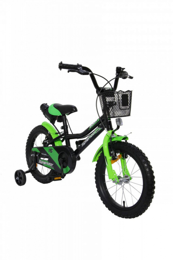 Bicicleta pentru copii Novokids SplendOr Boom Edition Negru Verde, Cosulet, Roti 18 inch, Greutate admisa 45 kg, Cadru otel, Roti ajutatoare, Ghidon reglabil