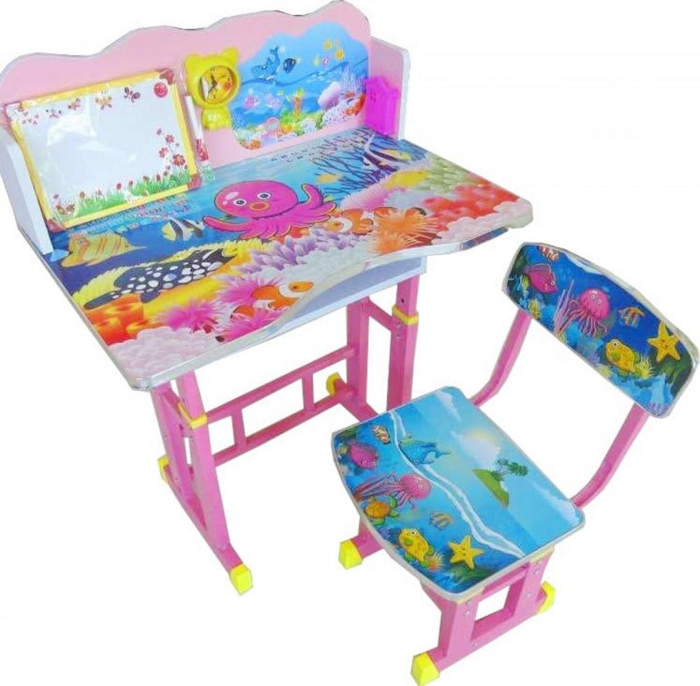 Birou pentru copii Novokids My first desk Roz Albastru din MDF cu jucarii interactive, dimensiuni 68X43X65, cadru metalic - 1