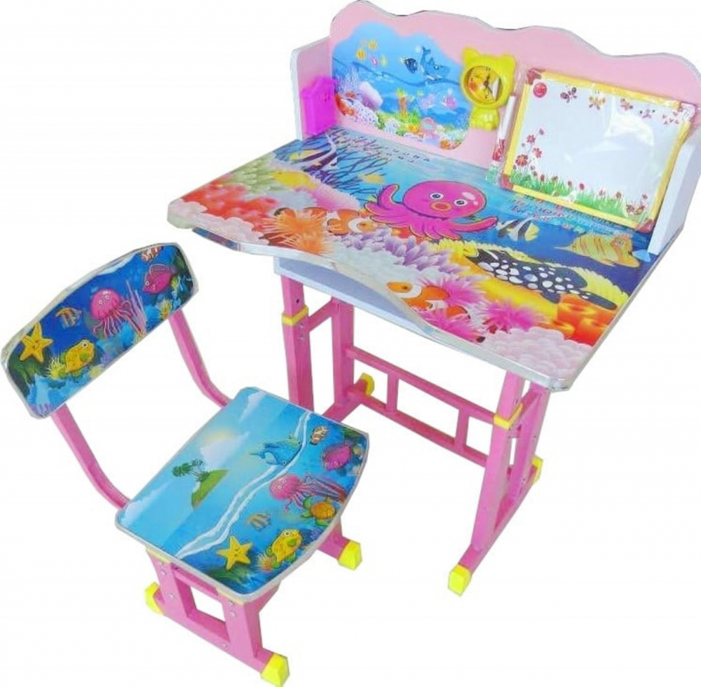 Birou pentru copii Novokids My first desk Roz Albastru din MDF cu jucarii interactive, dimensiuni 68X43X65, cadru metalic