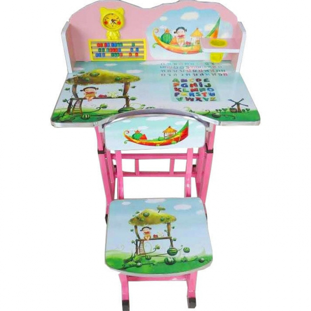 Birou pentru copii Novokids My first desk Roz Verde din MDF cu jucarii interactive, dimensiuni 68X43X65, cadru metalic