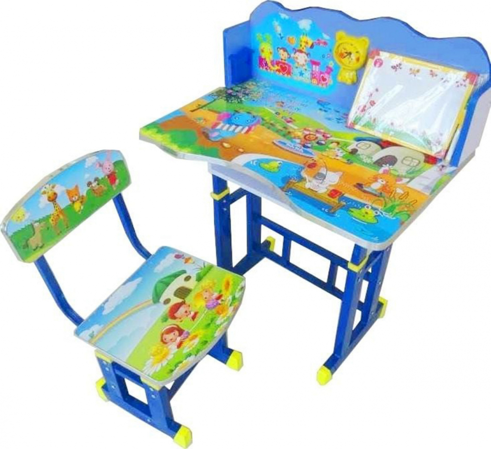 Birou pentru copii Novokids My first desk Albastru din MDF cu jucarii interactive, dimensiuni 68X43X65, cadru metalic