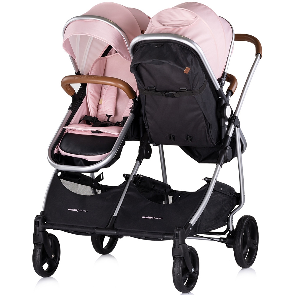 Carucior pentru copii gemeni Chipolino Duo Smart  pink marshmallow 2 in 1, pliere simpla si compacta, sezut transformabil si reversibil, spatar reglabil, bara de protectie detasabila, copertina reglabila, husa pentru piciare, geanta de infasat, standardu