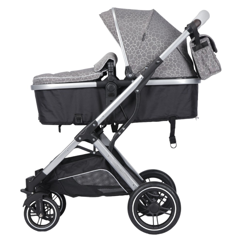 Carucior pentru copii Novokids H3100 series Gri cu imprimeu 2 in 1 reversibil , cu geanta, cadru aluminiu, amortizoare, roti din cauciuc, landou, spatar reglabil, plasa insecte