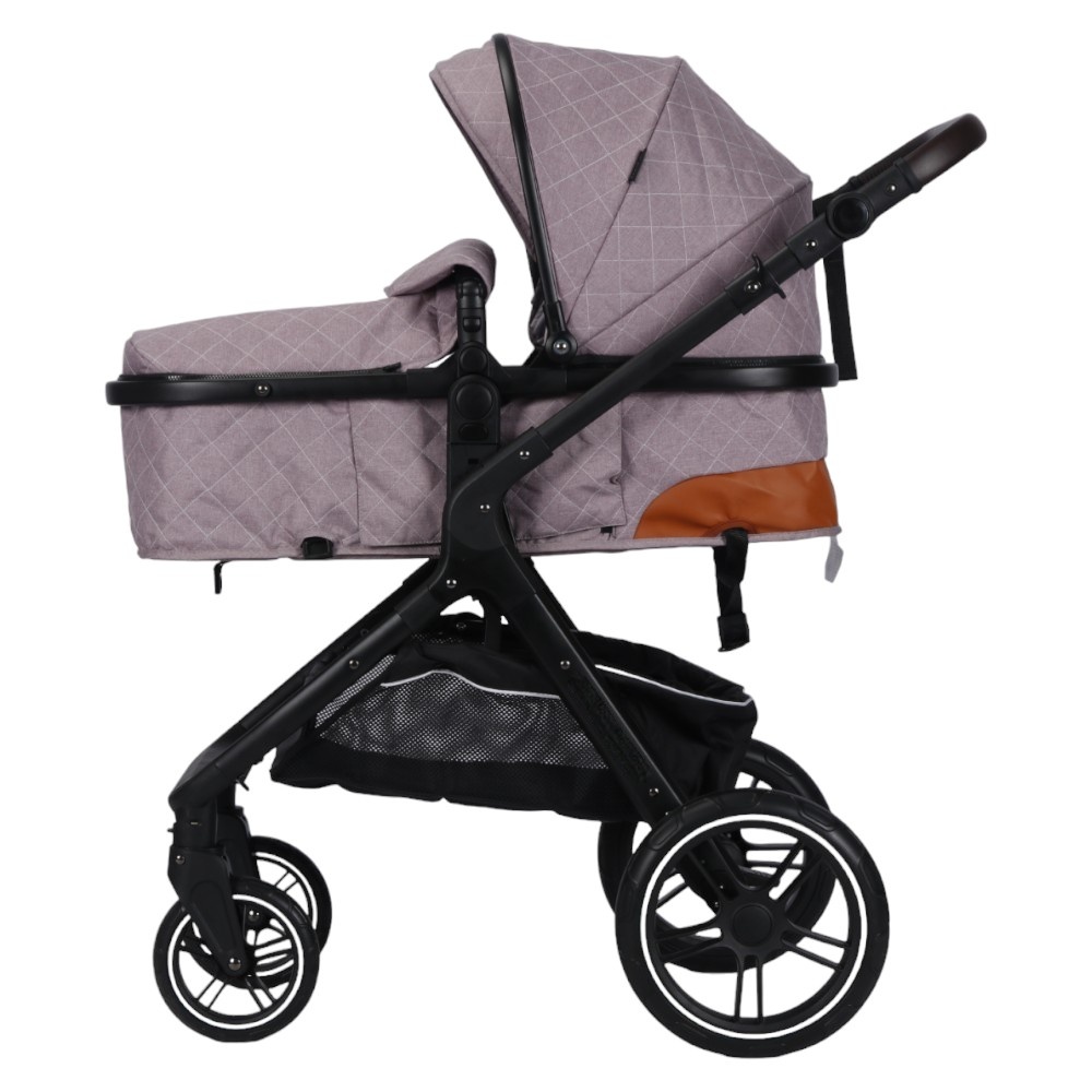 Carucior pentru copii Novokids X1000 series Beige 2 in 1 reversibil, cu geanta bebe, cadru aluminiu, amortizoare, roti din cauciuc, landou, spatar reglabil, plasa insecte