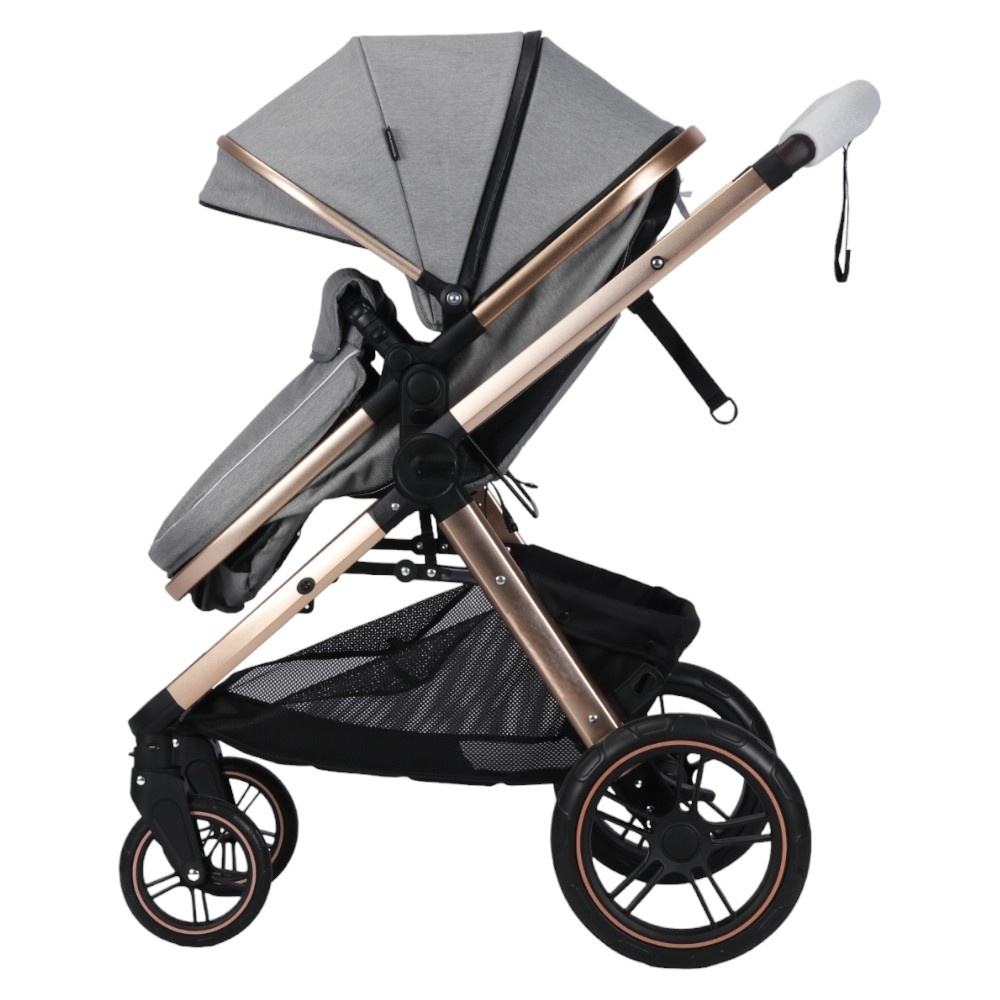 Carucior pentru copii Novokids X2000 series Gri 2 in 1 cu spatar reglabil, reversibil, landou, geanta, cadru aluminiu gold, amortizoare, roti din cauciuc plin , plasa insecte - 2