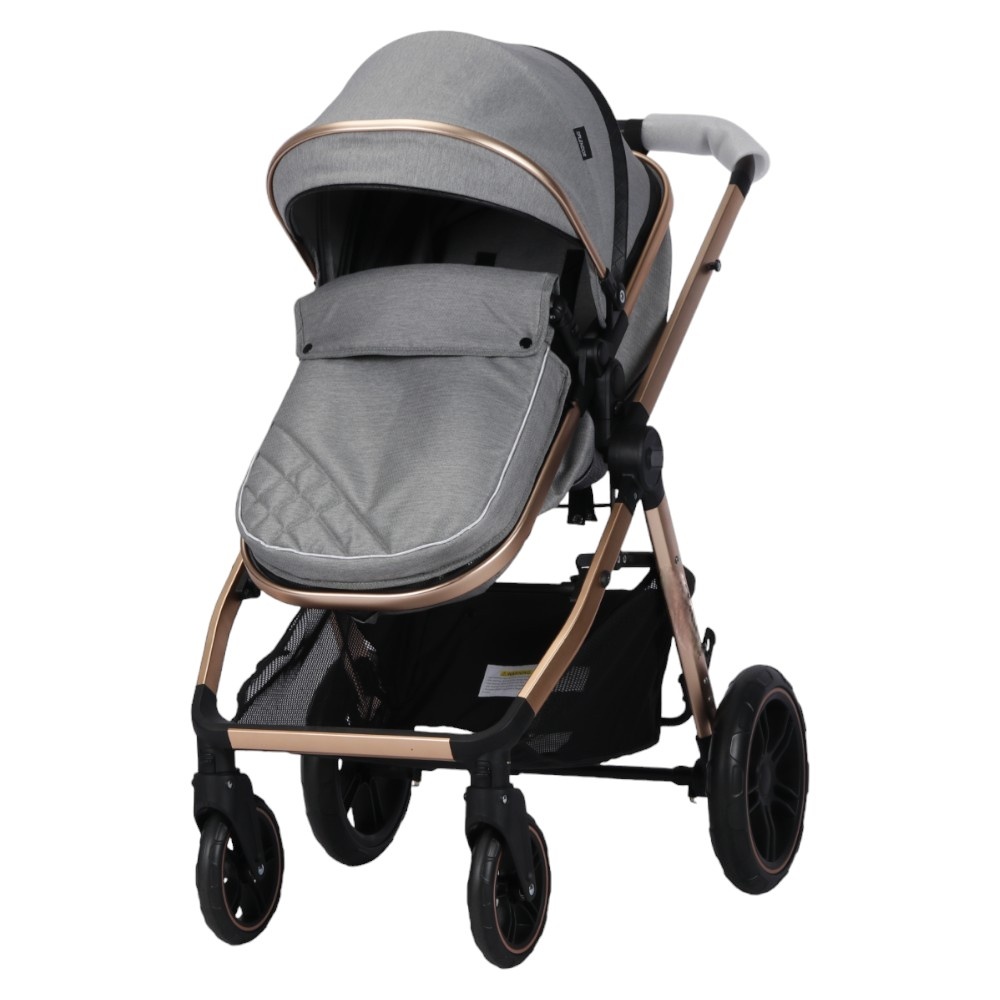 Carucior pentru copii Novokids X2000 series Gri 2 in 1 cu spatar reglabil, reversibil, landou, geanta, cadru aluminiu gold, amortizoare, roti din cauciuc plin , plasa insecte - 3