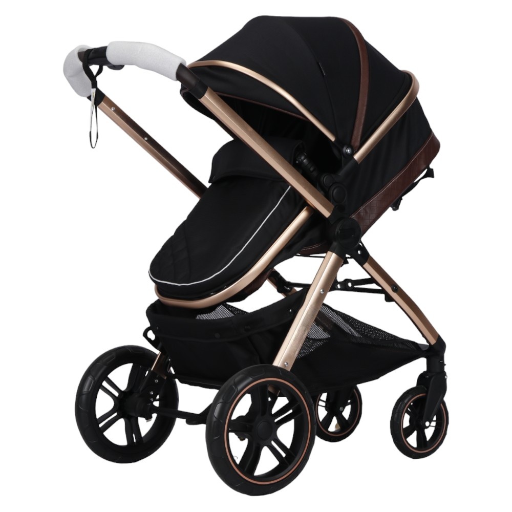 Carucior pentru copii Novokids X2000 series Negru 2 in 1 cu spatar reglabil, reversibil, landou, geanta, cadru aluminiu gold, amortizoare, roti din cauciuc plin , plasa insecte - 1