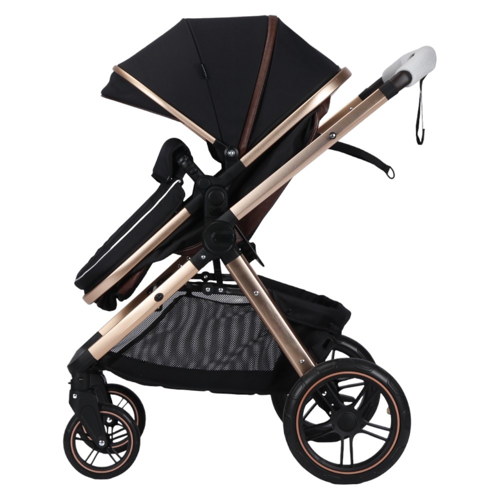 Carucior pentru copii Novokids X2000 series Negru 2 in 1 cu spatar reglabil, reversibil, landou, geanta, cadru aluminiu gold, amortizoare, roti din cauciuc plin , plasa insecte - 2