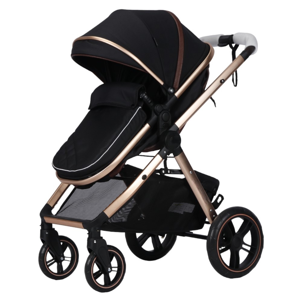 Carucior pentru copii Novokids X2000 series Negru 2 in 1 cu spatar reglabil, reversibil, landou, geanta, cadru aluminiu gold, amortizoare, roti din cauciuc plin , plasa insecte - 3