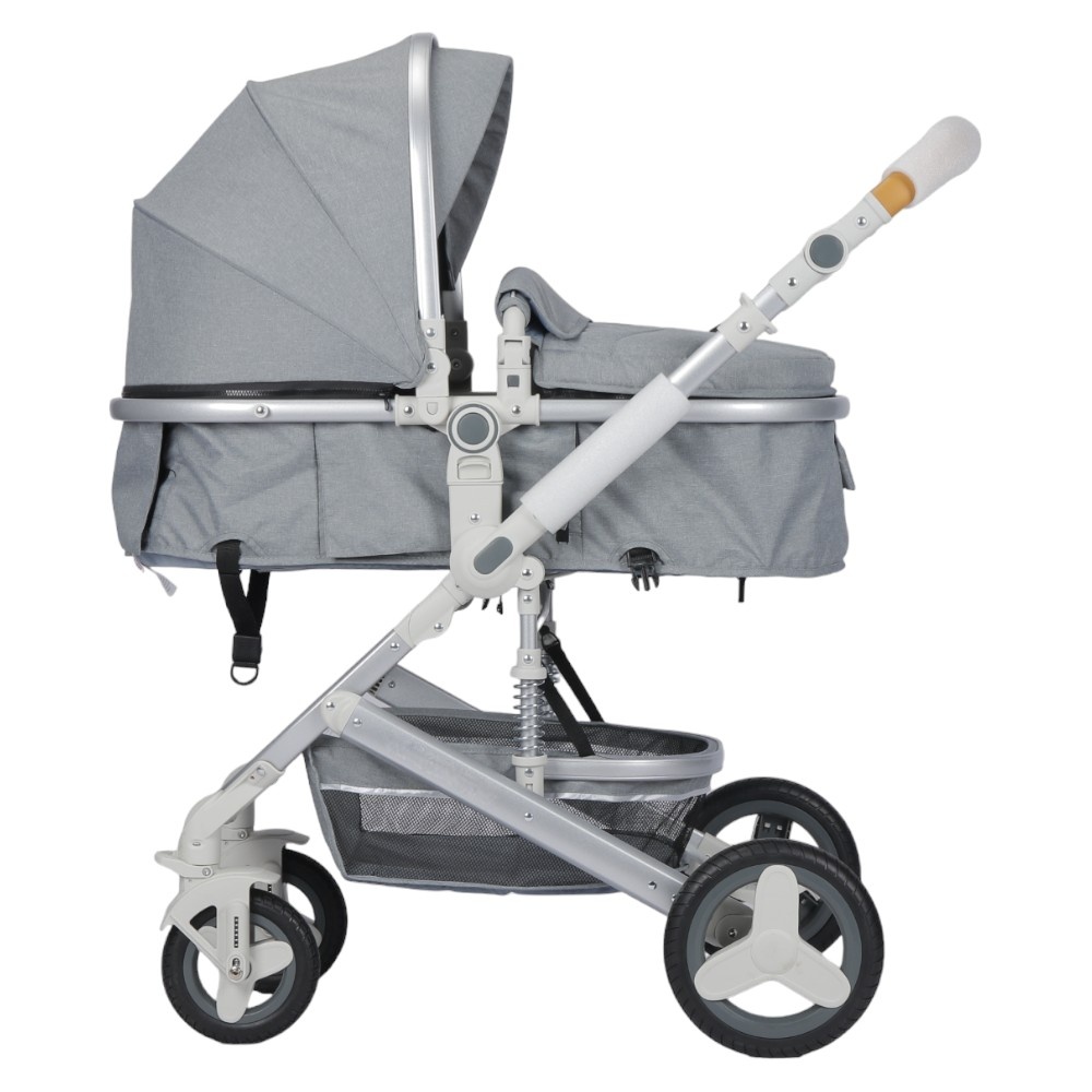 Carucior pentru copii Novokids 5300 Gri 3 in 1, reversibil, cu geanta, cadru aluminiu, amortizoare, roti din cauciuc, landou, scoica auto, spatar reglabil 3 trepte, plasa insecte