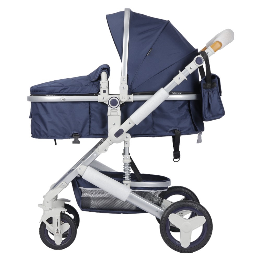 Carucior pentru copii Novokids 5300 Albastru Marine 3 in 1, reversibil, cu geanta bebe, cadru aluminiu, amortizoare, roti din cauciuc, landou, scoica auto, spatar reglabil 3 trepte, plasa insecte