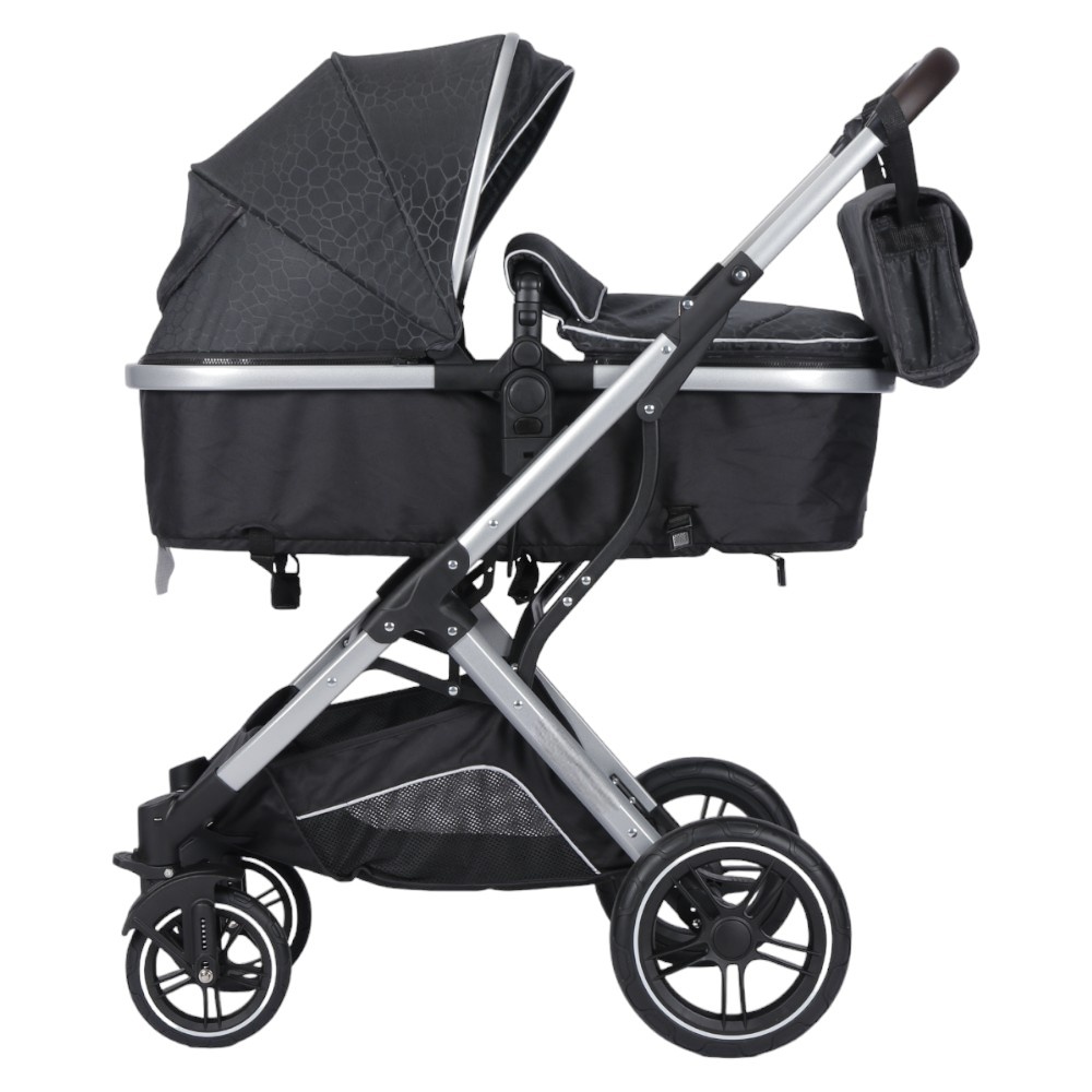 Carucior pentru copii Novokids H3100 series Negru cu imprimeu 3 in 1 reversibil, cu geanta, cadru aluminiu, amortizoare, roti din cauciuc, landou, scoica auto, spatar reglabil, plasa insecte