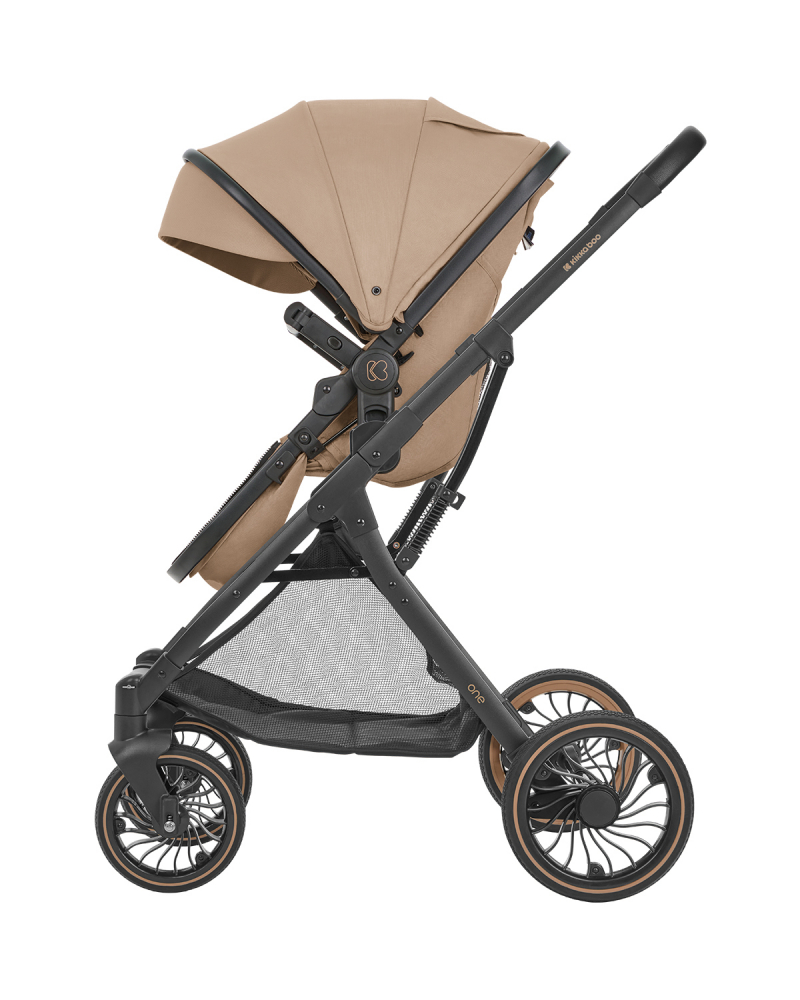 Carucior transformabil 3in1 KikkaBoo cu scaun auto I-Size,cadru din aluminiu,suspensii pe roti si cadru,sezut reversibil,capotina XXL,roti rezistente din PU,bara de protectie detasabila,husa picioare inclusa One Beige