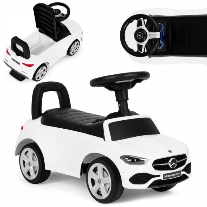 Masinuta pentru copii Ecotoys Mercedes C Class Alb fara pedale, volan interactiv cu sunete, varsta 1-3 ani