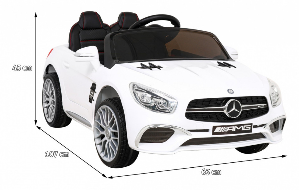 Masinuta electrica Mercedes Benz AMG SL65S alb cu 2 motoare, acumulator 12V, roti din spuma EVA, deschidere usi, scaun piele, lumini Led