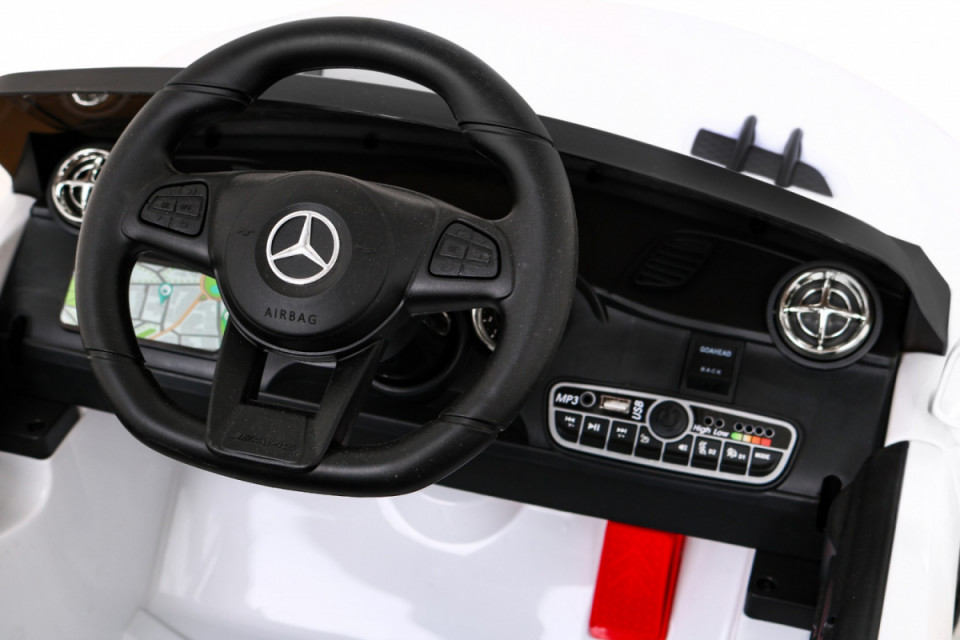 Masinuta electrica Mercedes Benz AMG SL65S alb cu 2 motoare, acumulator 12V, roti din spuma EVA, deschidere usi, scaun piele, lumini Led - 9