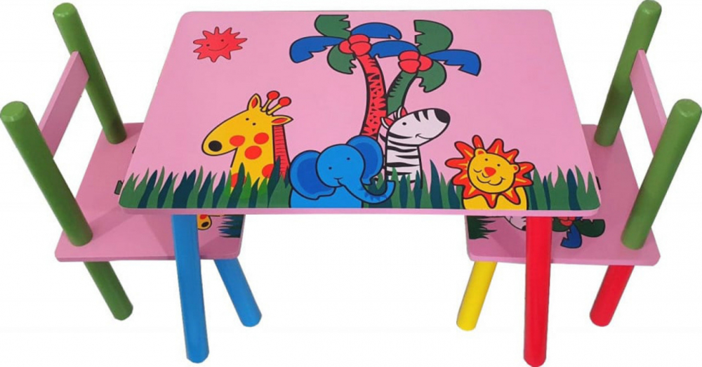 Masuta copii din MDF cu doua scaune Novokids My first table, dimensiuni 59X39X40, Suprafata lucioasa, Roz cu Animalute