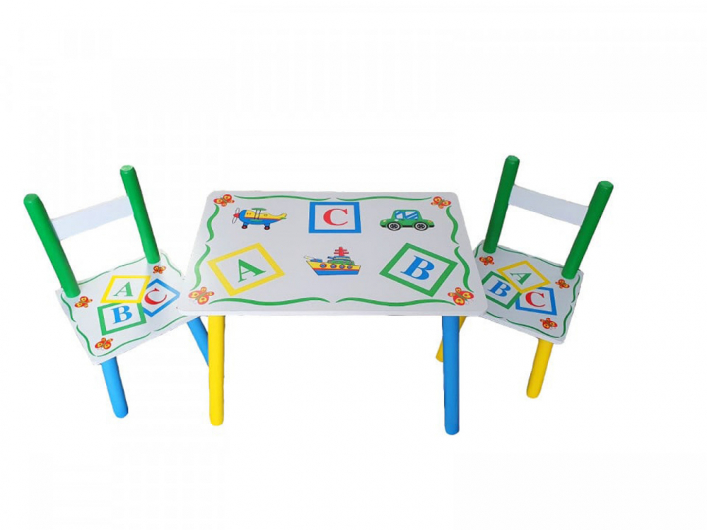 Masuta copii din MDF cu doua scaune Novokids My first table, dimensiuni 59X39X40, suprafata lucioasa, cu litere, Alb Verde