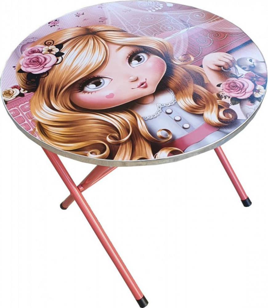 Masuta pliabila pentru copii din MDF Novokids Round folding table Cu doua scaune pliabile, Diametru 60 cm, 2 niveluri de inaltime, Suprafata lucioasa, Model printesa Roz