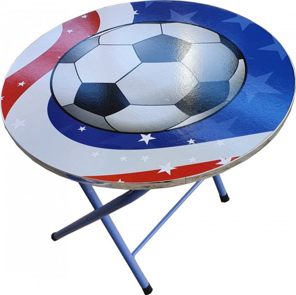 Masuta pliabila pentru copii din MDF Novokids Round folding table Cu doua scaune pliabile, Diametru 60 cm, 2 niveluri de inaltime, Suprafata lucioasa, Model minge de fotbal Albastru