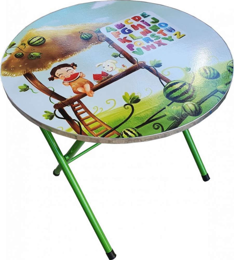 Masuta pliabila pentru copii din MDF Novokids Round folding table Cu doua scaune pliabile, Diametru 60 cm, 2 niveluri de inaltime, Suprafata lucioasa, Model alfabet Verde