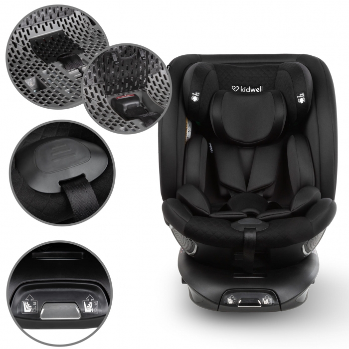 Scaun auto Kidwell GoCar Negru cu isofix, grupa 40-135 cm, i-Size, omologare R129, rotativ 360, protectie laterala ASP - 4