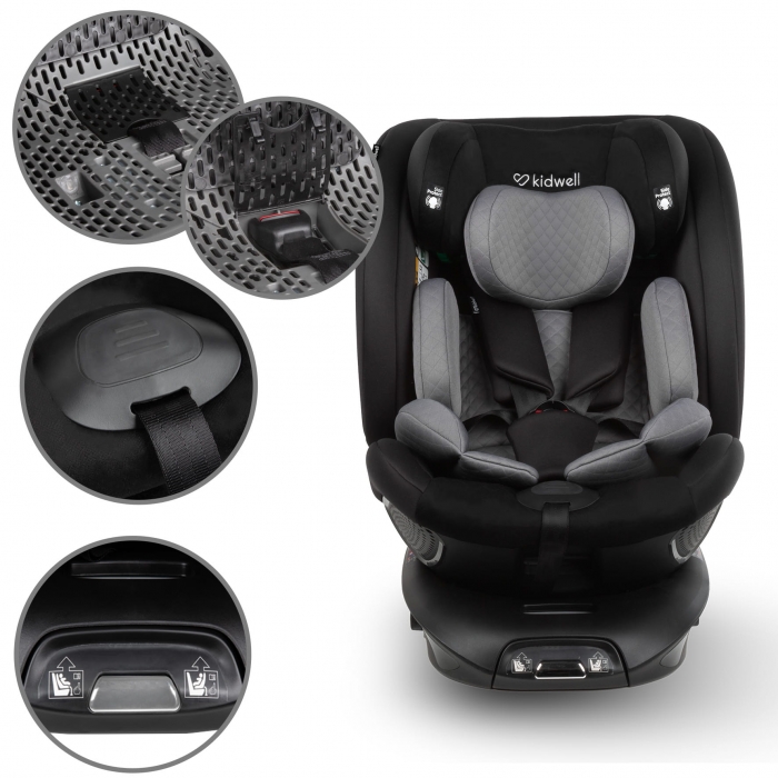 Scaun auto Kidwell GoCar Negru-Gri cu isofix, grupa 40-135 cm, i-Size, omologare R129, rotativ 360, protectie laterala ASP - 4