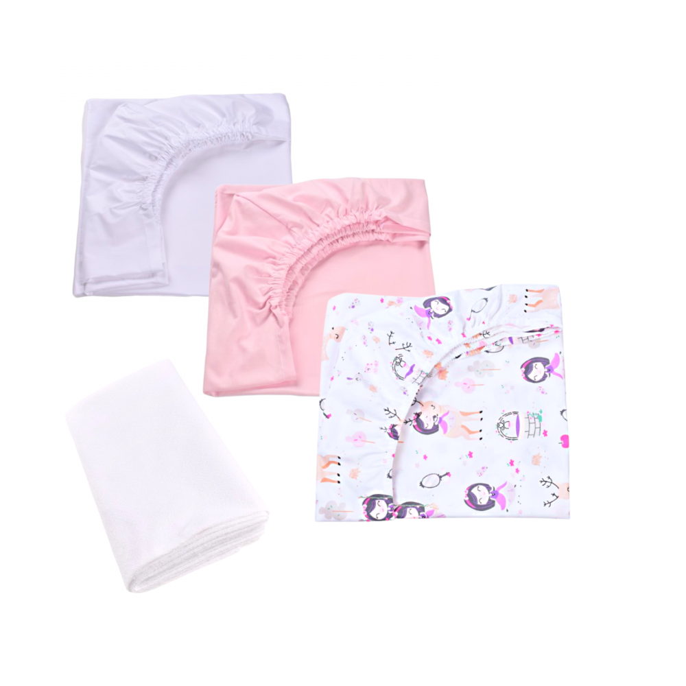 Set 3 cearsafuri alb roz si model fetite + protectie impermeabila patut 90x4050 cm - 1 | YEO