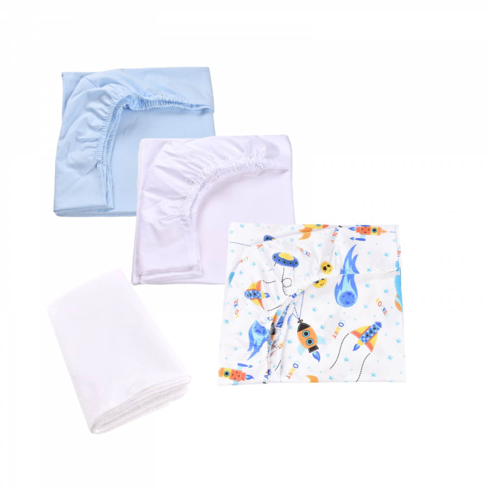 Set 3 cearsafuri bleu alb si model rachete si planete + protectie impermeabila patut 90x4050 cm - 1 | YEO