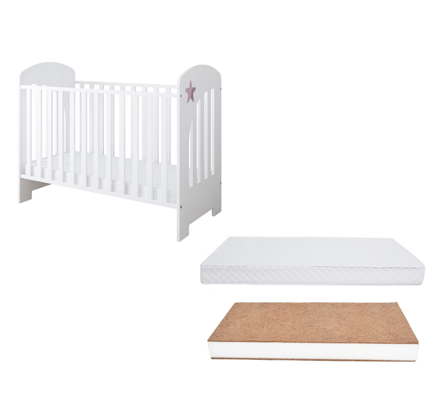 Set Patut din lemn 120x60cm cu somiera reglabila pe 3 nivele de inaltime si margine din silicon pentru protectie dintisori Little Star Pink + Saltea cu husa detasabila din microfibra 10 cm grosime Nichiduta Cocos Comfort +