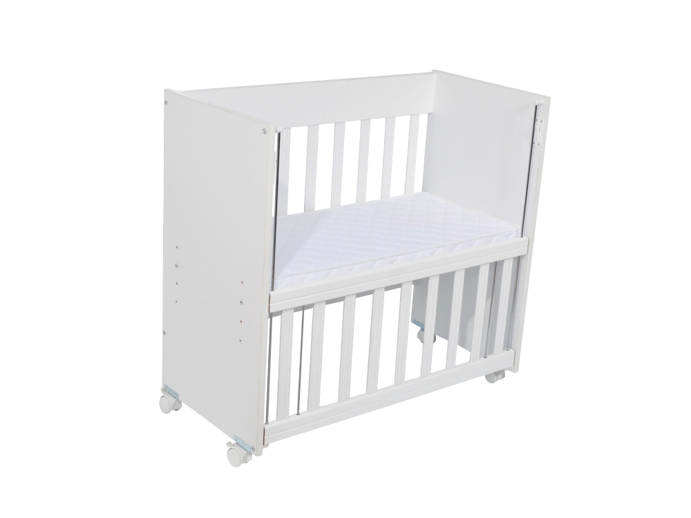 Set Patut din lemn cu somiera reglabila Nichiduta White Mini Cot cu laterala culisanta si roti 90x40 cm + Saltea spuma-cocos 7cm cu husa din tesatura cu Aloe Vera - 4