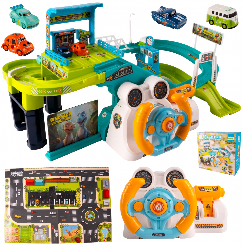 Set circuit interactiv cu obstacole, Volan cu claxon si schimbator de viteze, Parcare supraetajata si 4 masinute incluse, 51 x 28 x 22.5 cm, Dinosaur Track