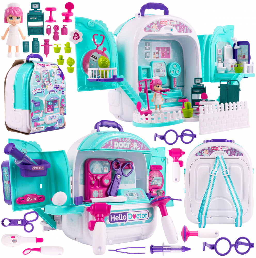 Set de doctor 3 in 1 MalPlay Hello Doctor cu spital, casuta de papusi si trusa medicala, in rucsac, 24.5 x 33 x 14.5 cm