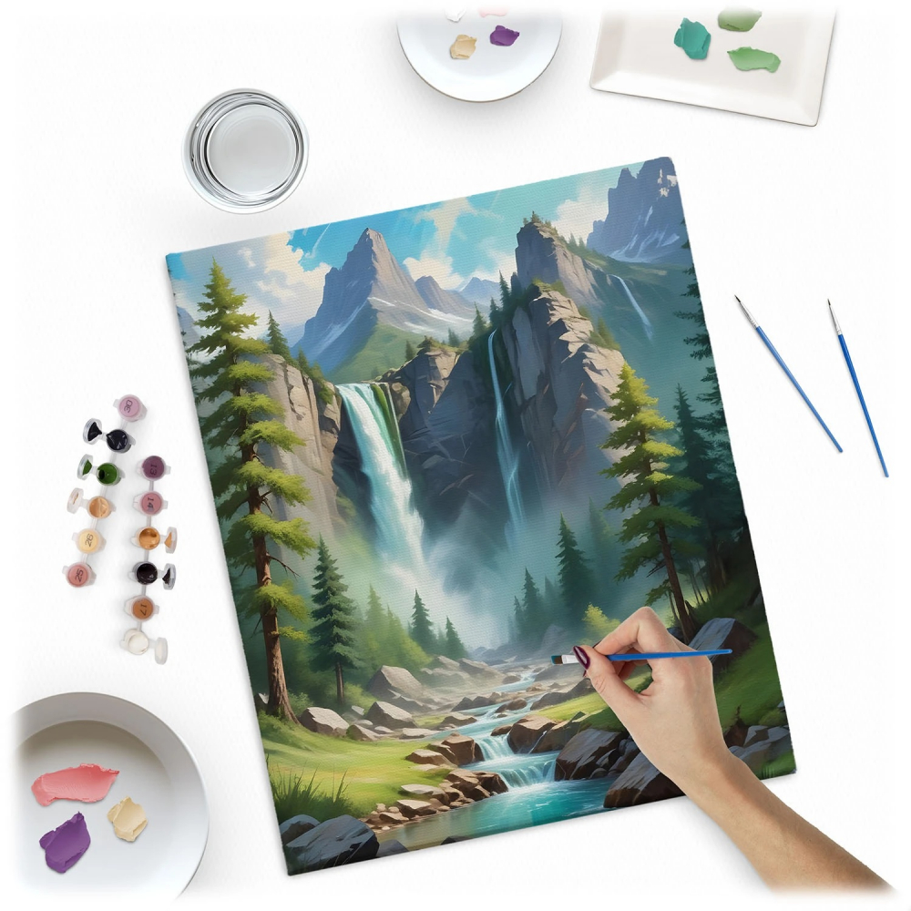 Set pictura pe numere pentru copii/adulti 40x50cm Massido cu 30 culori vibrante si 3 pensule distincte incluse Mountain View