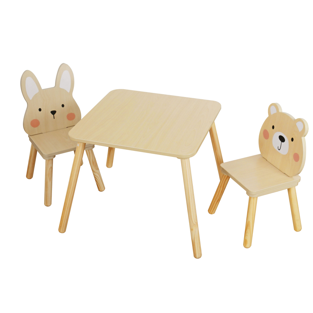 Set masuta si 2 scaunele cu spatar pentru copii din material MDF Moni Bear and Bunny Beige - 1