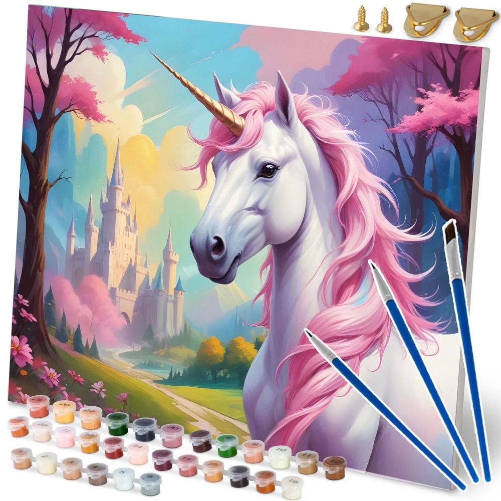 Set pictura pe numere pentru copii/adulti 40x50cm Massido cu 30 culori vibrante si 3 pensule distincte incluse Unicorn