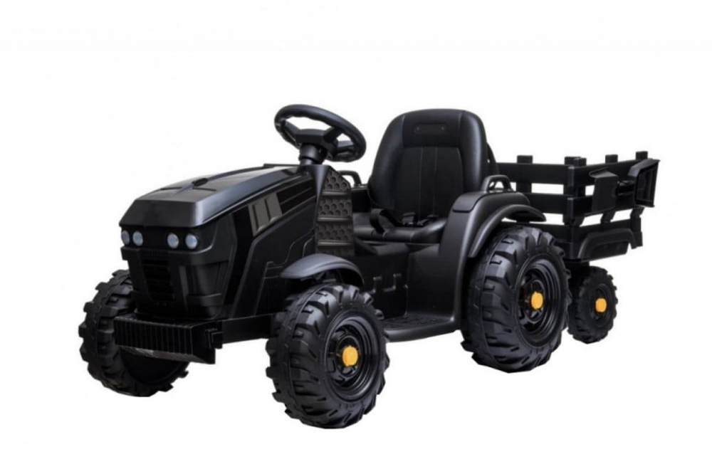 Tractor electric pentru copii Novokids Super Tytan Farmer XXL Negru cu acumulator, remorca, melodii si USB , varsta 3-8 ani , baterie 12V, 2 viteze, lumini