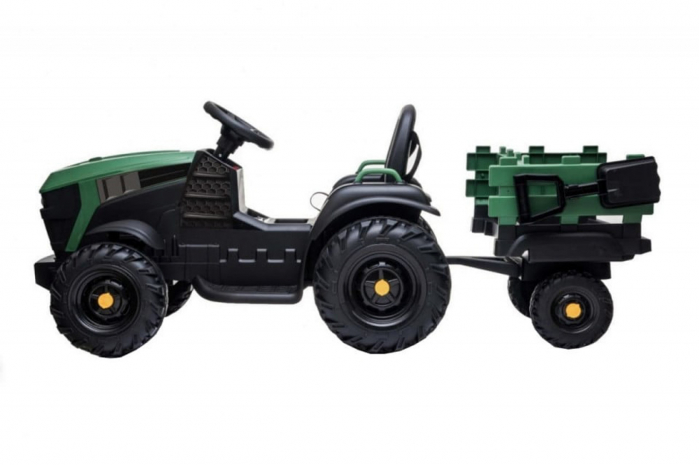 Tractor electric pentru copii Novokids Super Tytan Farmer XXL Verde cu acumulator, remorca, melodii si USB , varsta 3-8 ani , baterie 12V, 2 viteze, lumini