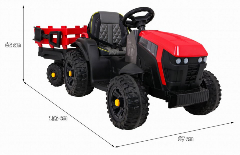 Tractor electric pentru copii Novokids Super Tytan Farmer XXL Rosu cu acumulator, remorca, melodii si USB , varsta 3-8 ani , baterie 12V, 2 viteze, lumini