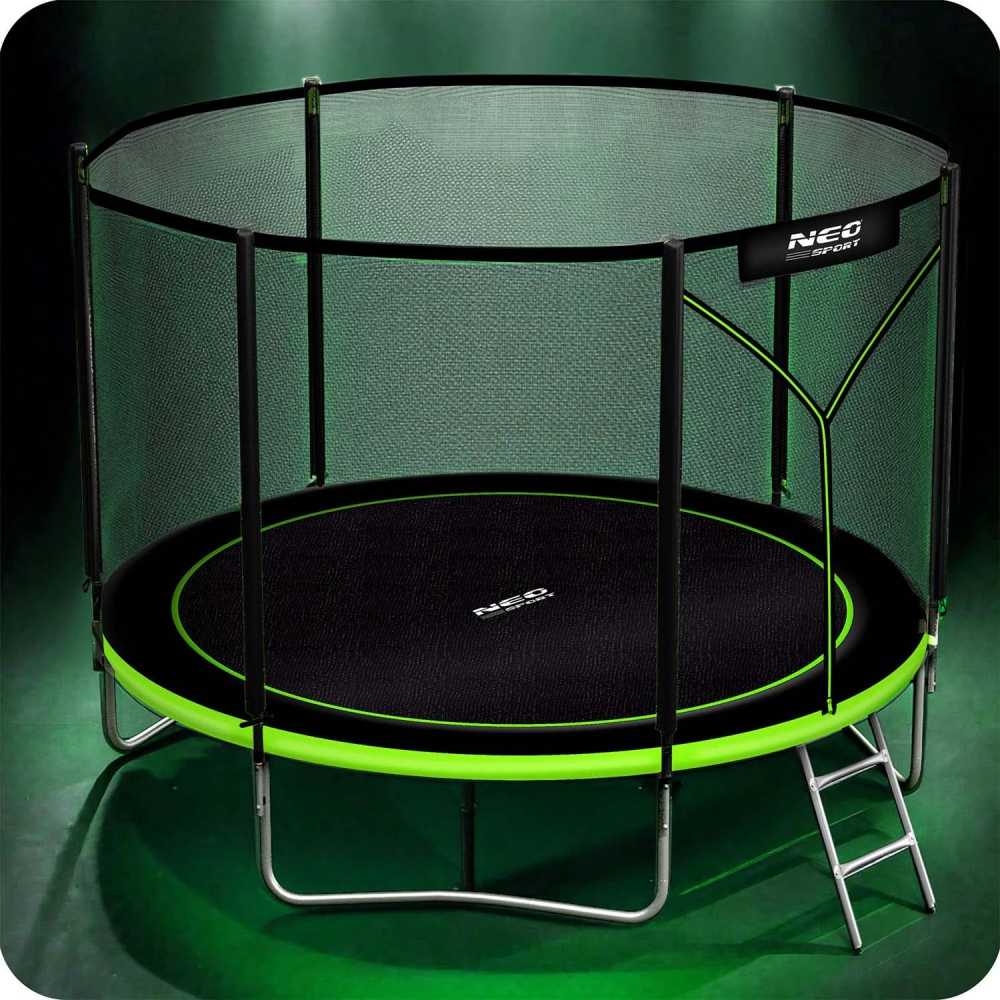 Trambulina de gradina pentru copii, Neo Sport, cu scara metalica si plasa de protectie inchisa cu fermoar, 6FT183cm Verde - 1 | YEO