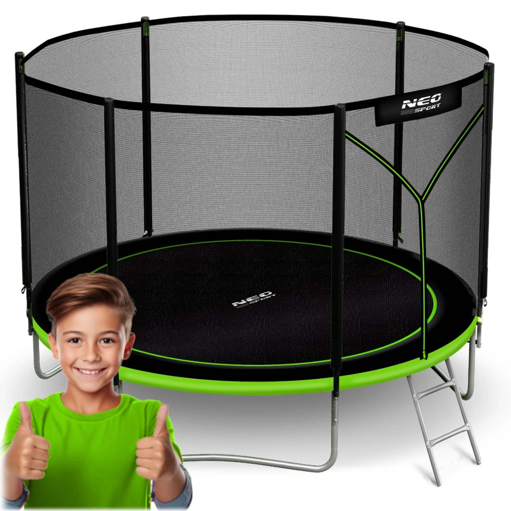 Trambulina de gradina pentru copii Neo Sport Verde 183cm 6FT cu Scara metalica,Plasa de protectie exterioara,Stalpi metalici cu protectie din burete, Intrare cu fermoar si catarama, Covoras impermeabil flexibil