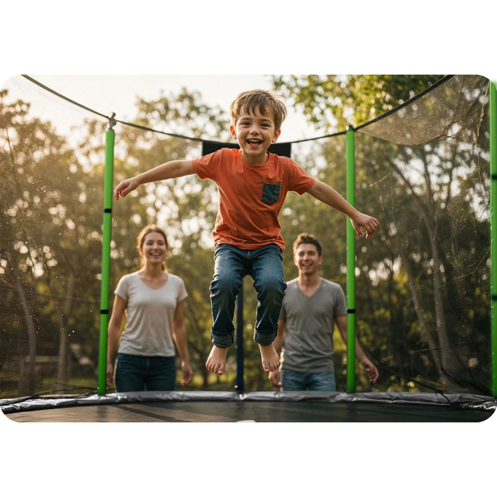 Trambulina de gradina pentru copii Neo-Sport Verde 140 cm 4.5FT, Plasa exterioara, Stalpi metalici cu protectie din burete, Intrare cu fermoar si catarama, Covoras impermeabil flexibil - 2 | YEO