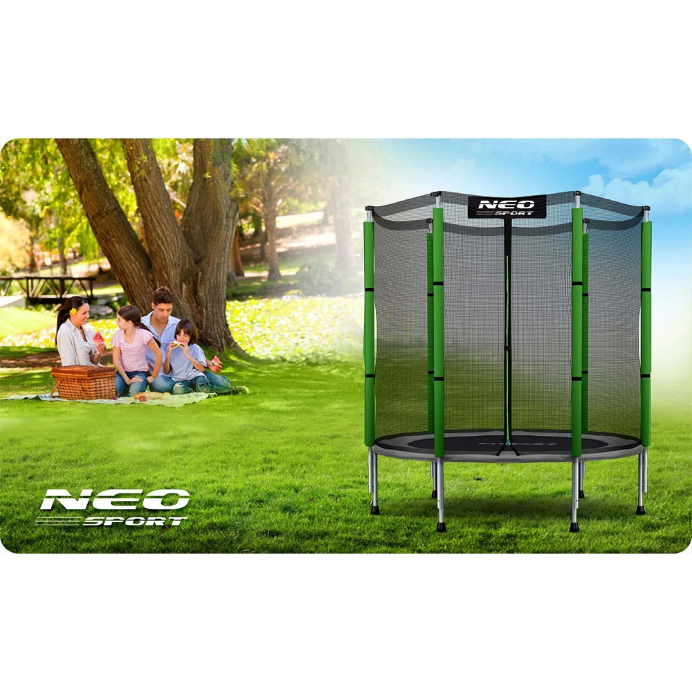 Trambulina de gradina pentru copii, Neo-Sport, diametru 140 cm, cu plasa de siguranta si intrare cu fermoar, Verde - 2 | YEO