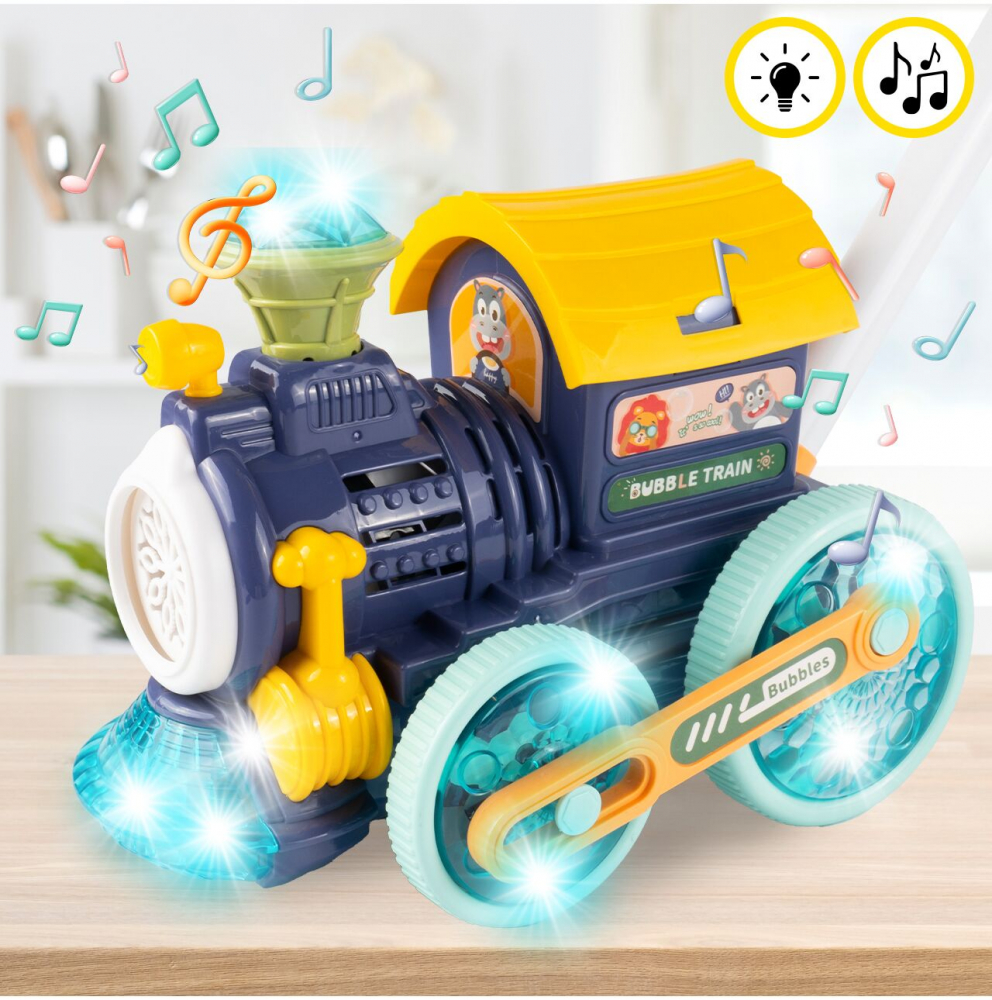 Trenulet generator de Baloane din sapun, MalPlay, cu baterii, sunete, lumini, maner de impins si 2 sticlute cu lichid, dimensiune 52 x 47 x 18 cm, Blue - 3