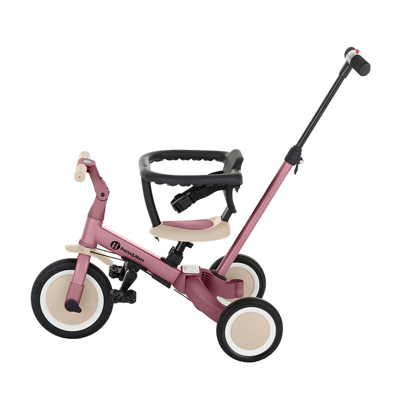 Tricicleta PetiteMars Turbo, 5 in 1, multifunctionala, vehicul de impins, bicicleta cufara pedale, cu maner de ghidaj, detasabil, roti din cauciuc, pana la 25 kg, 1.5-5 ani, Dusty Rose