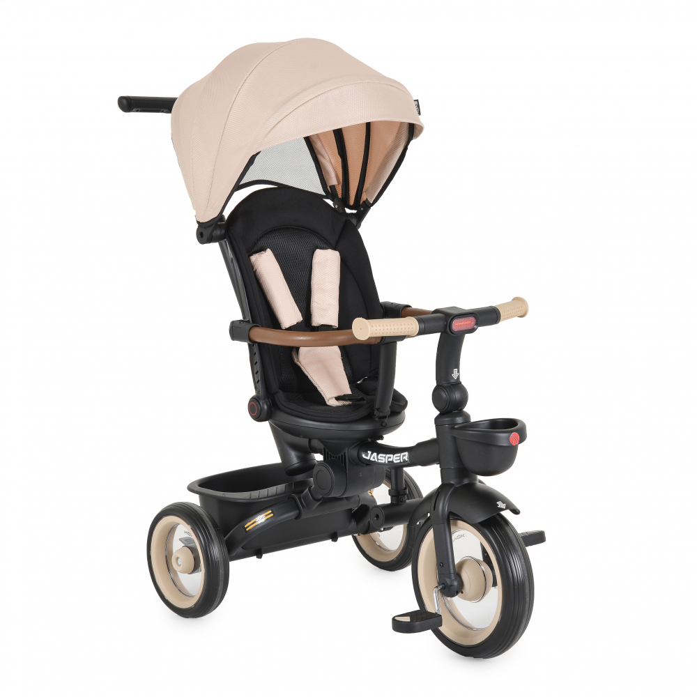 Tricicleta pentru copii Byox Jasper Beige pliabila cu maner parental spatar reglabil scaun rotativ