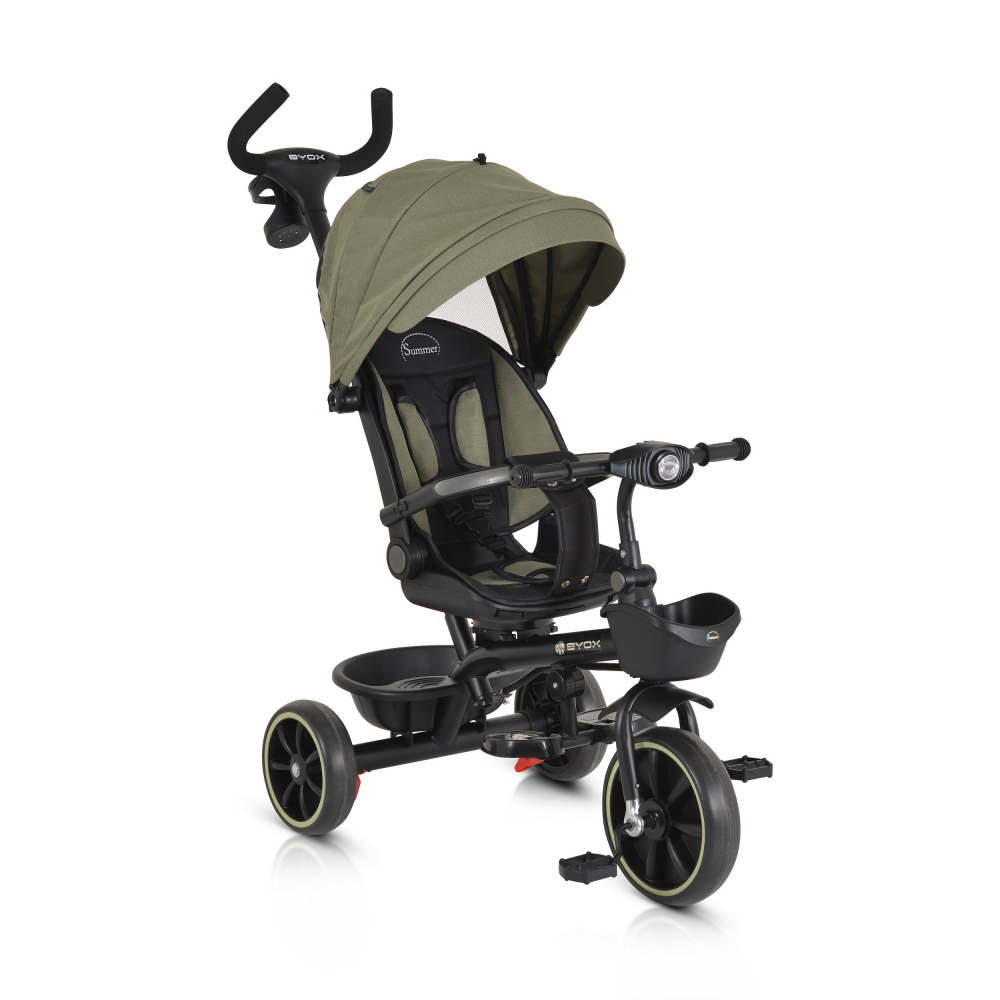 Tricicleta pentru copii Byox Summer Green cu roti Eva maner parental detasabil scaun rotativ spatar reglabil si suport picioare