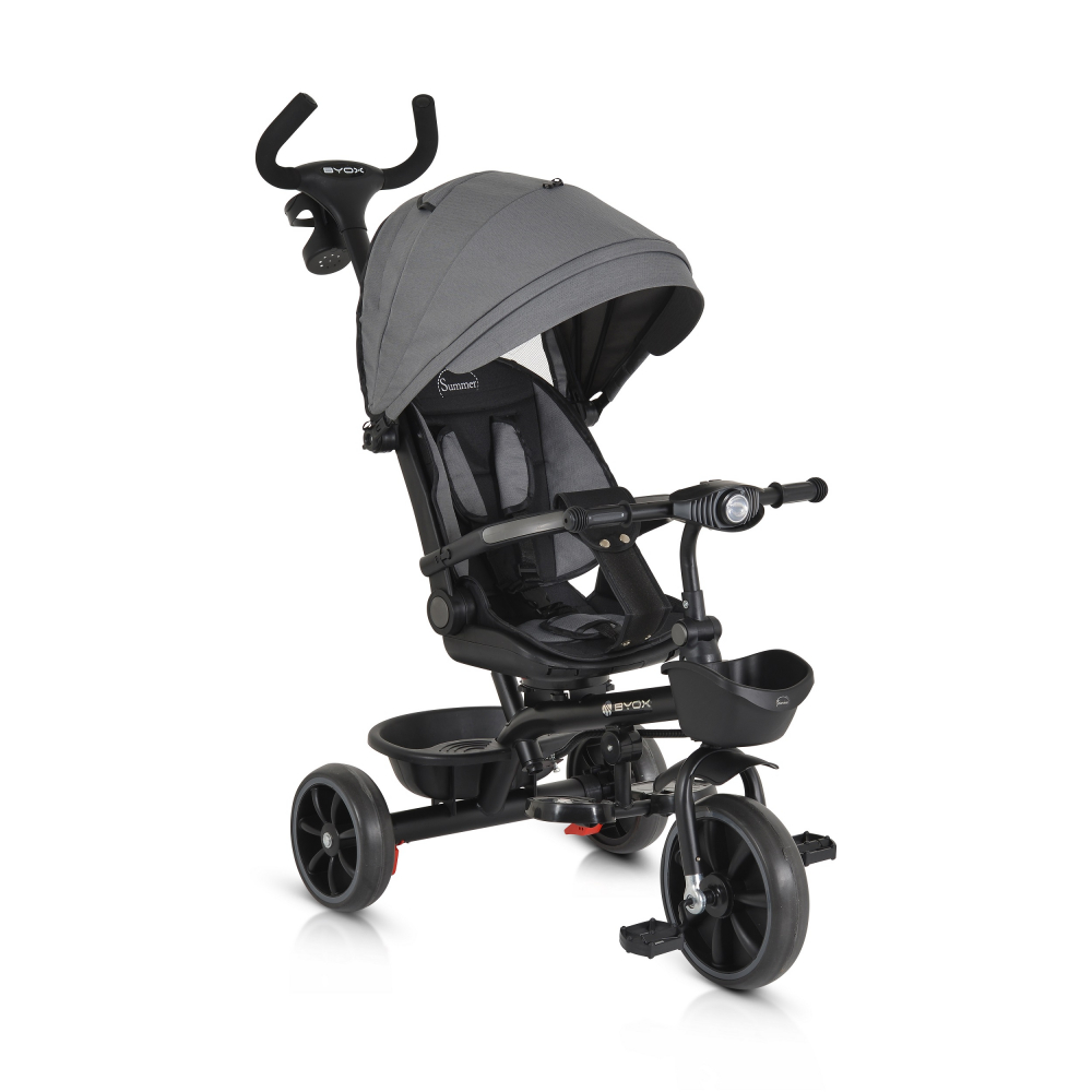 Tricicleta pentru copii Byox Summer Grey cu roti Eva maner parental detasabil scaun rotativ spatar reglabil si suport picioare
